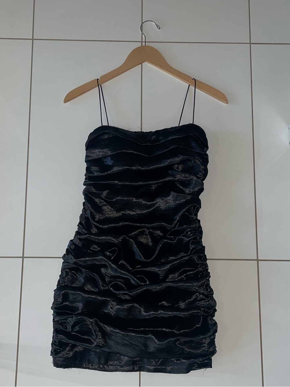 Black Ruched Satin Mini Dress with Spaghetti Straps (NWT)